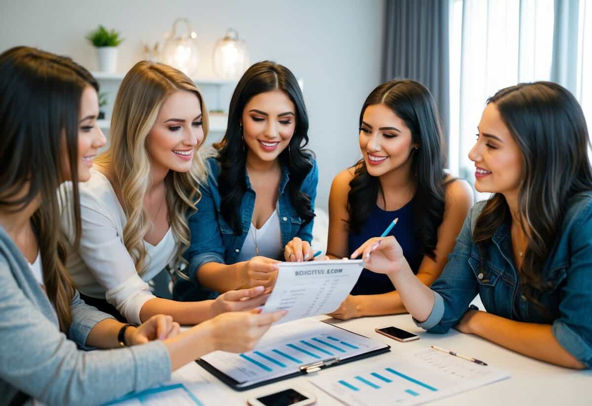 A group of friends discussing and planning the bachelorette party, with one person looking through a budget spreadsheet and others sharing ideas