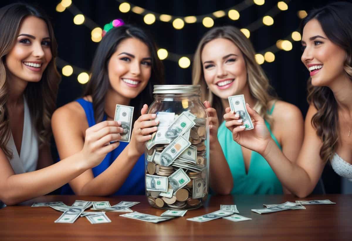 A group of friends pool money into a festive jar for the bachelorette party