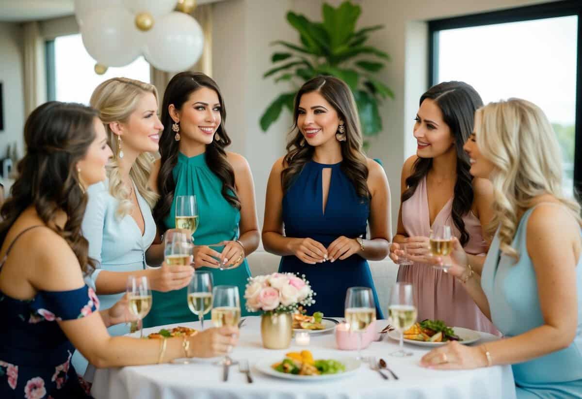 A group of women at a bachelorette party, discussing and deciding on activities and venues