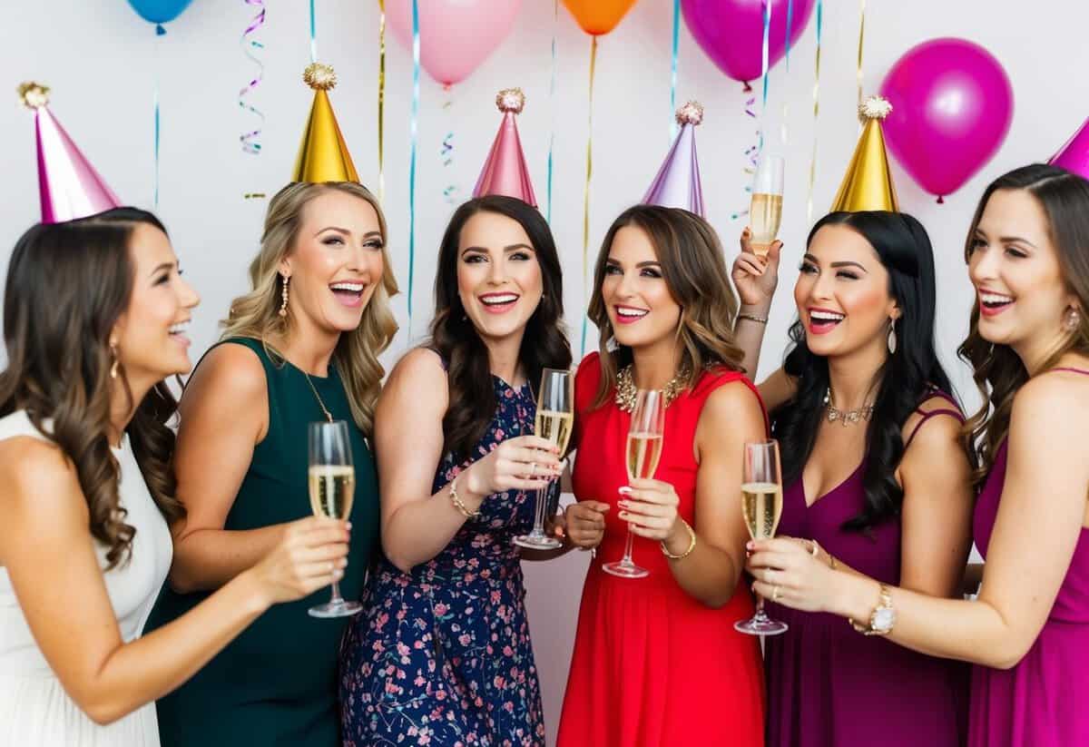 A group of women celebrating with champagne, balloons, and streamers in a festive bachelorette party setting