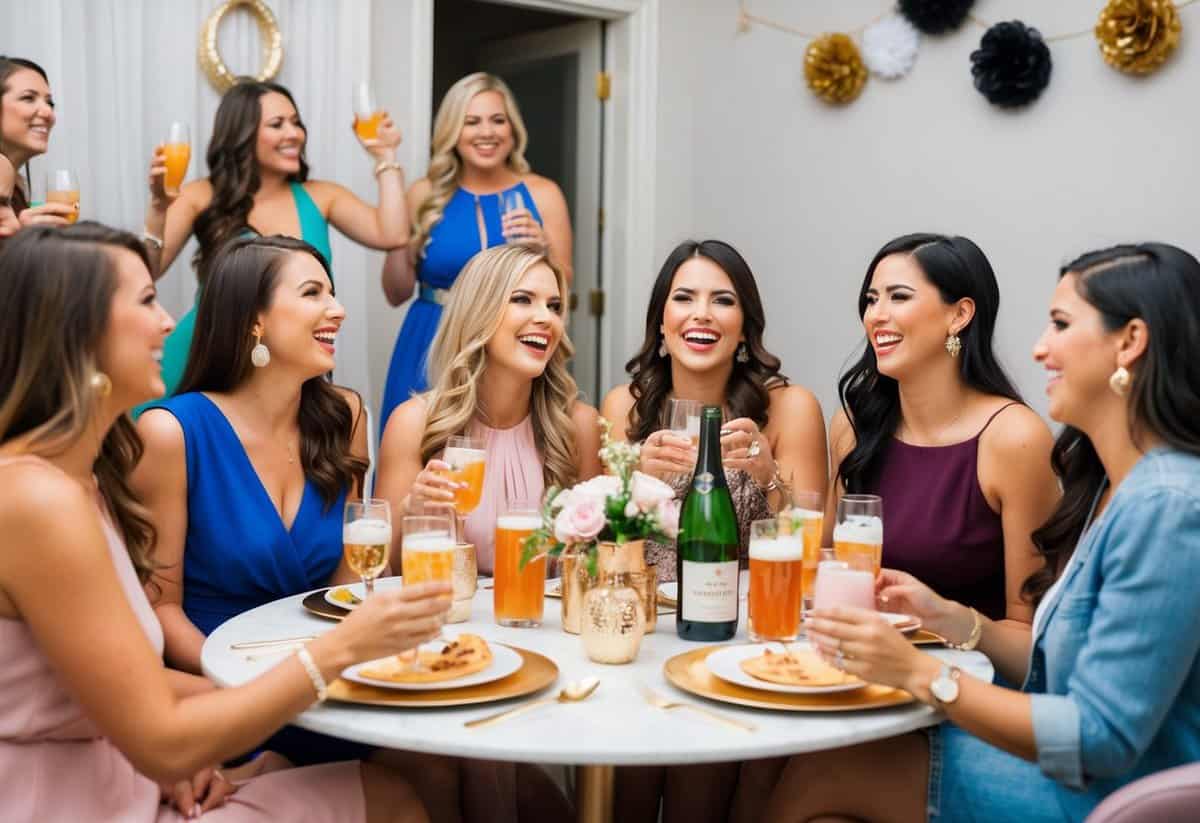 A group of women enjoying a bachelorette party, seated around a table with drinks and decorations, engaged in lively conversation and laughter