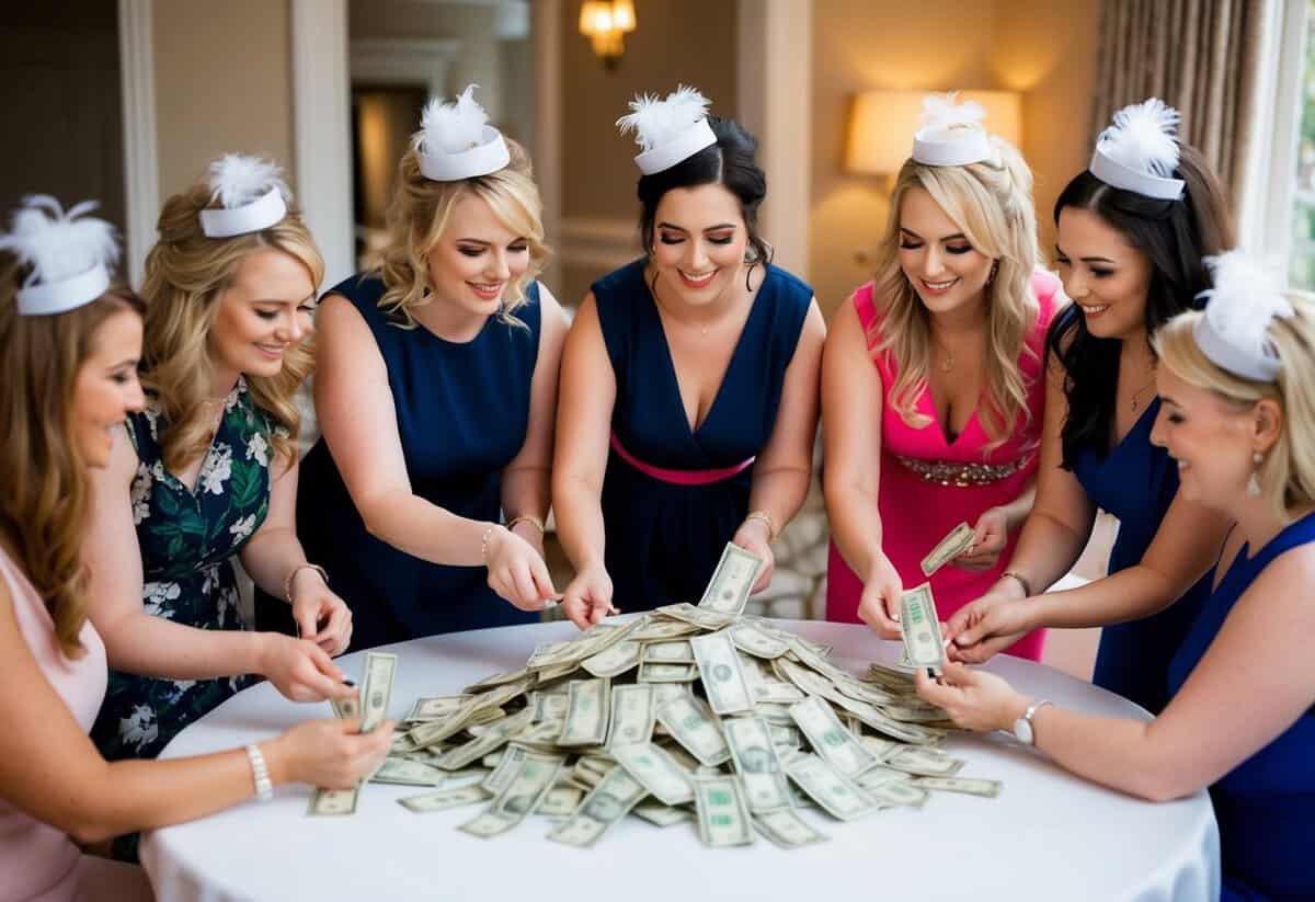 A group of hens gather around a table, each placing money in a pile as they plan the perfect hen party for the bride
