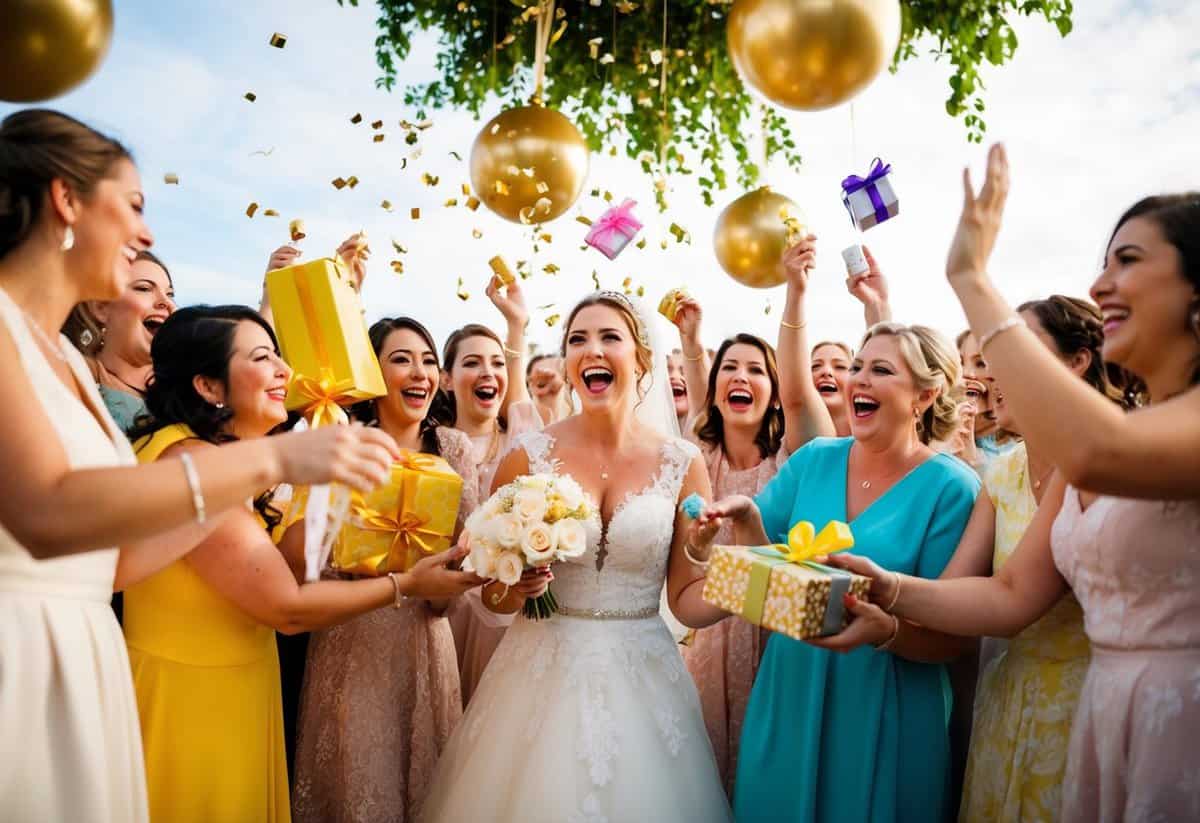 Hens gather around a bride, showering her with gifts and laughter in a lively daytime celebration