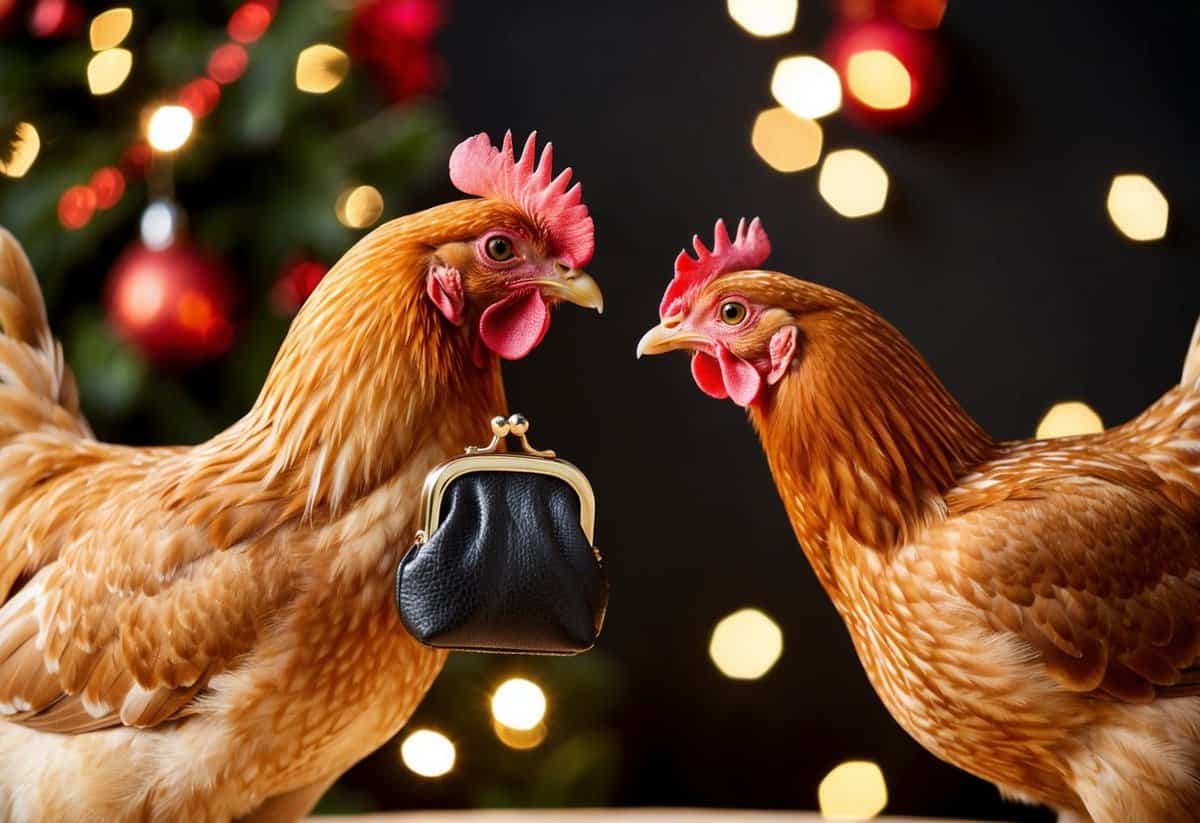 A hen in a festive setting, holding a purse and offering it to another hen