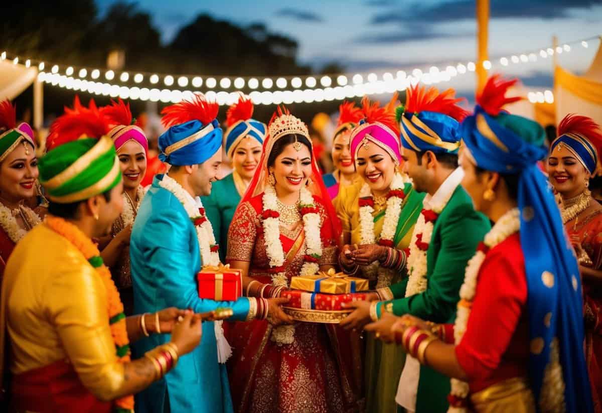 A group of hens in colorful attire gather around a bride, offering her gifts and celebrating with music and dance at an evening festival