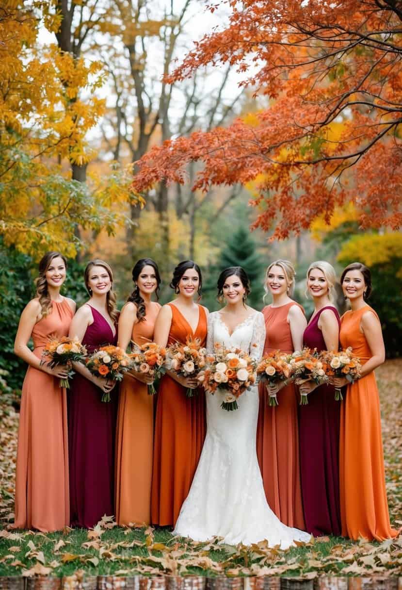 A group of persimmon bridesmaid dresses arranged in a gradient of shades, surrounded by autumn foliage and accented with gold and cream decor