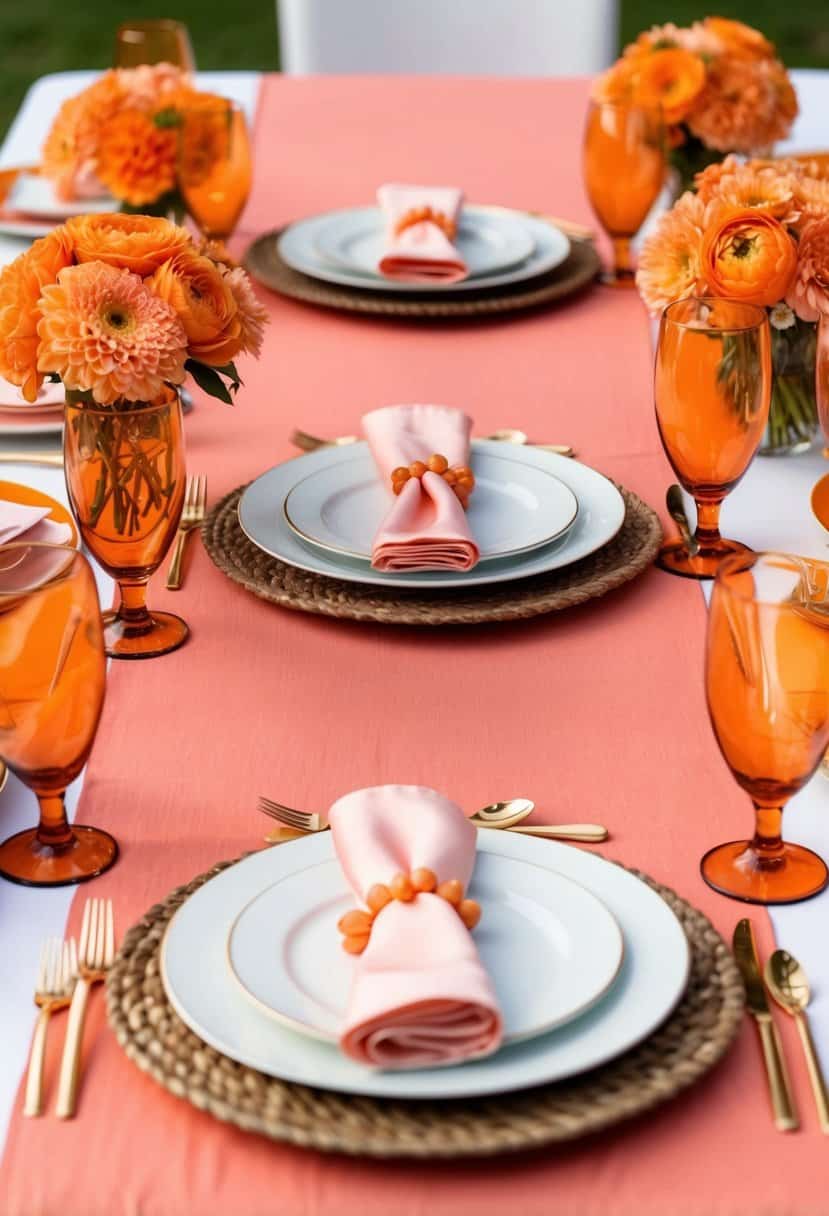 A table set with coral-colored table runners, surrounded by orange floral centerpieces and matching place settings