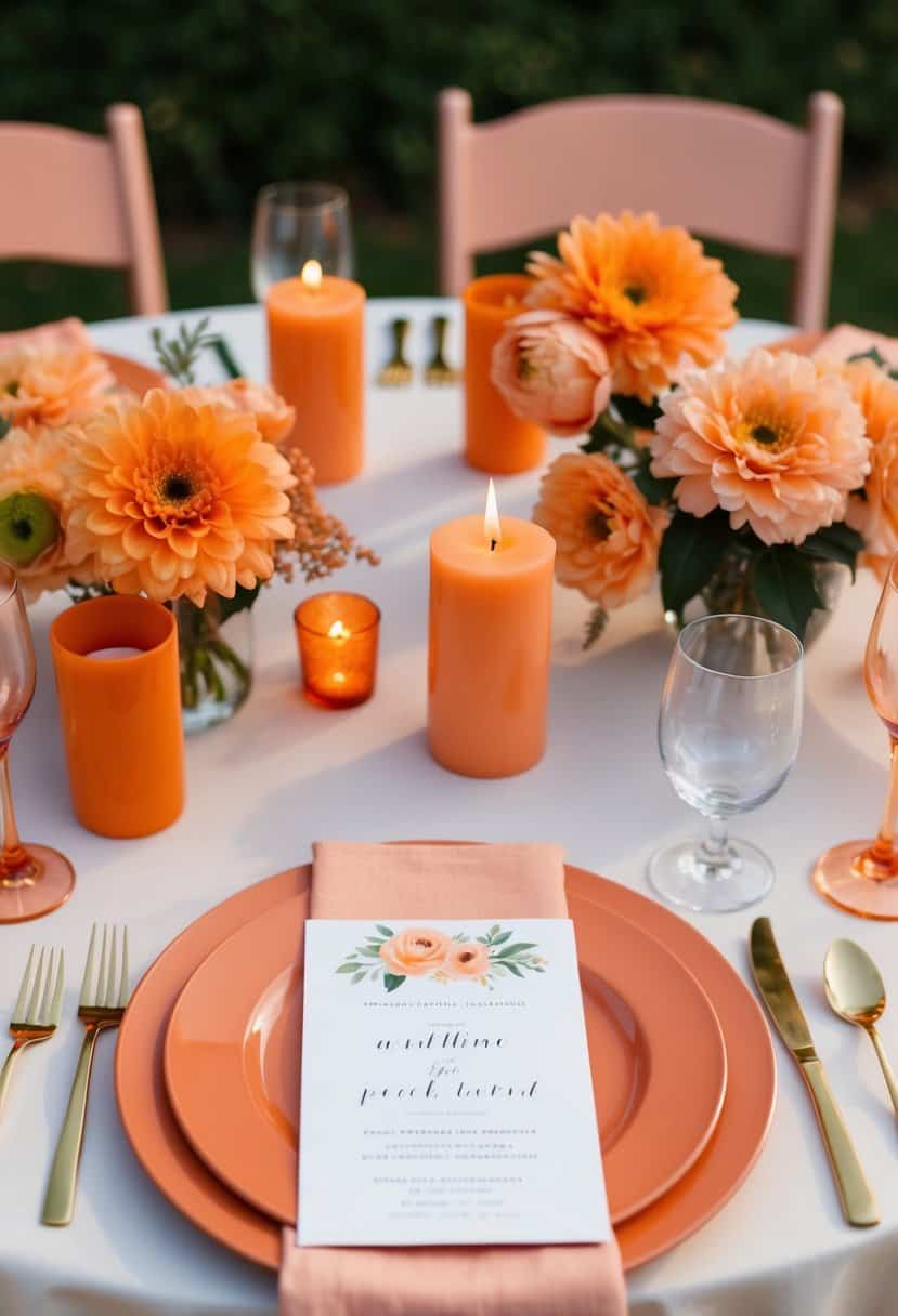A table set with apricot-colored flowers, orange candles, and peach napkins. A wedding invitation with a matching color palette lies on the table