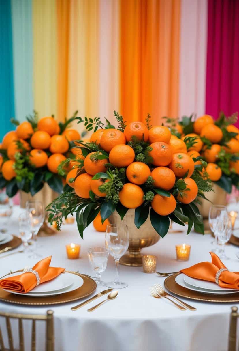 A table adorned with vibrant orange mandarin flowers in elegant arrangements, set against a backdrop of complementary wedding color palette ideas