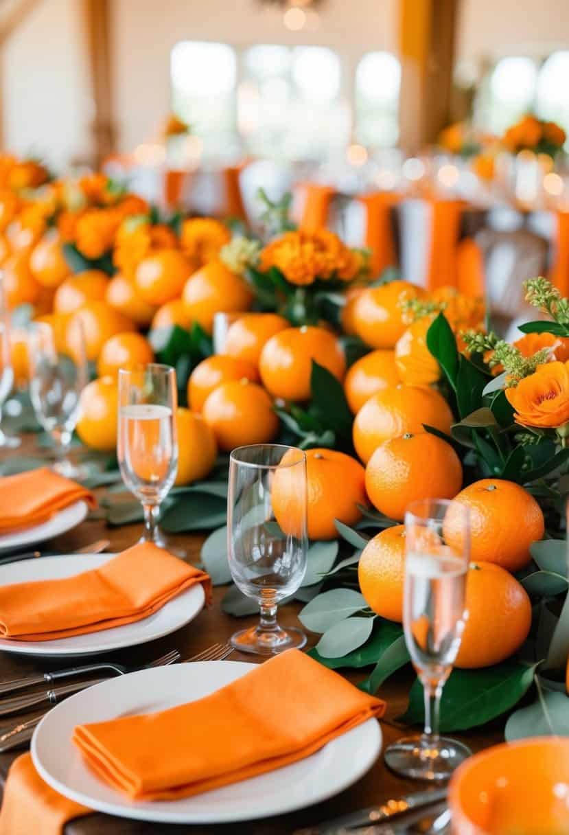 A table set with orange clementine centerpieces, surrounded by complementary wedding decor in a warm color palette