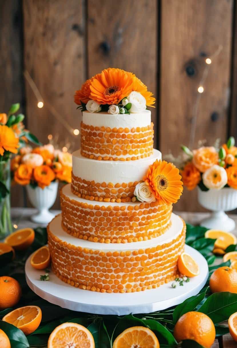 A three-tiered Satsuma Wedding Cake surrounded by orange flowers and citrus fruits