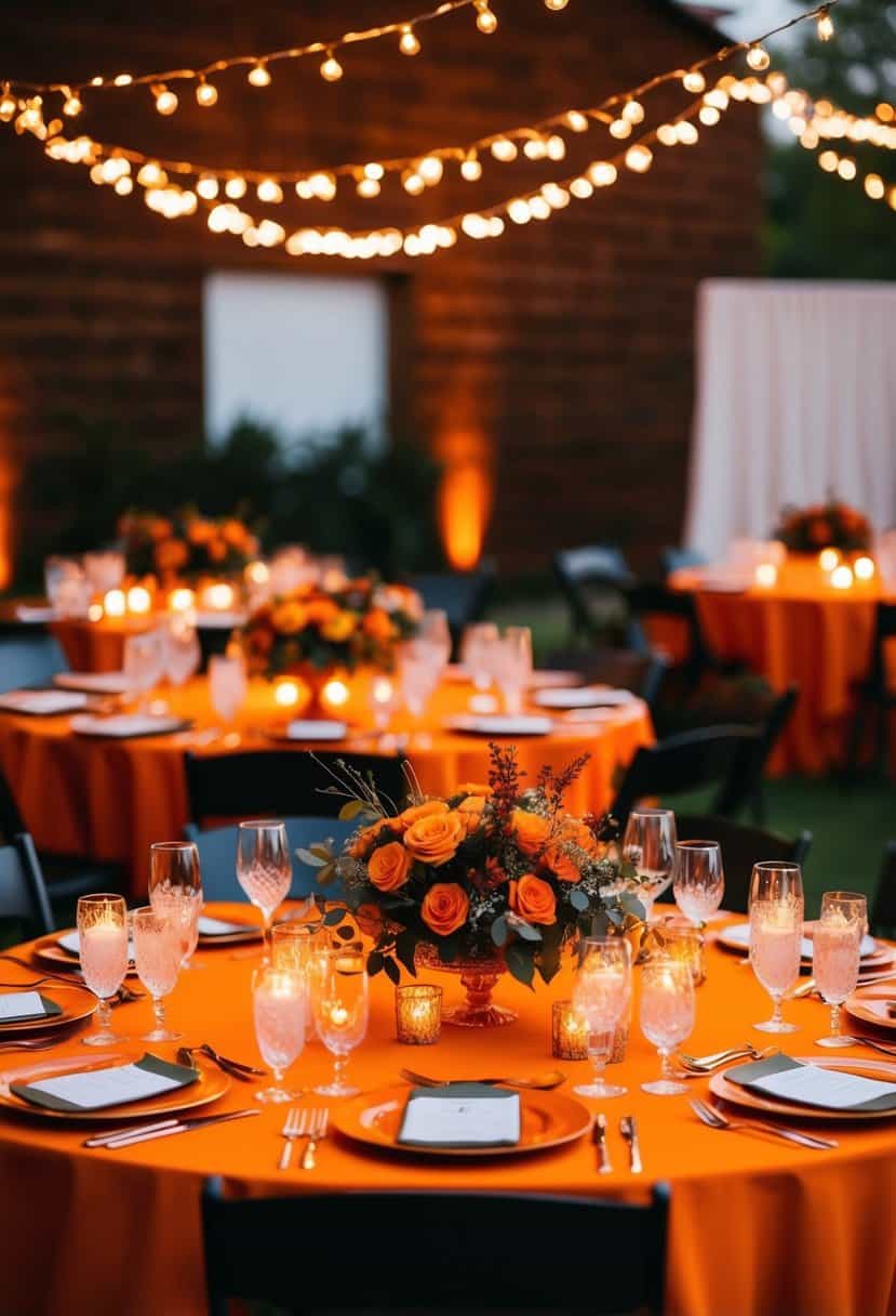Amber fairy lights illuminate an orange wedding table setting with floral centerpieces and decorative accents