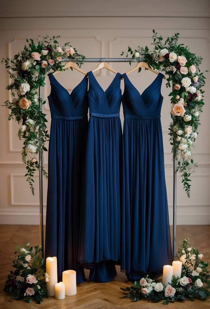 A group of navy blue bridesmaid dresses hanging on a rack, surrounded by elegant floral arrangements and soft candlelight