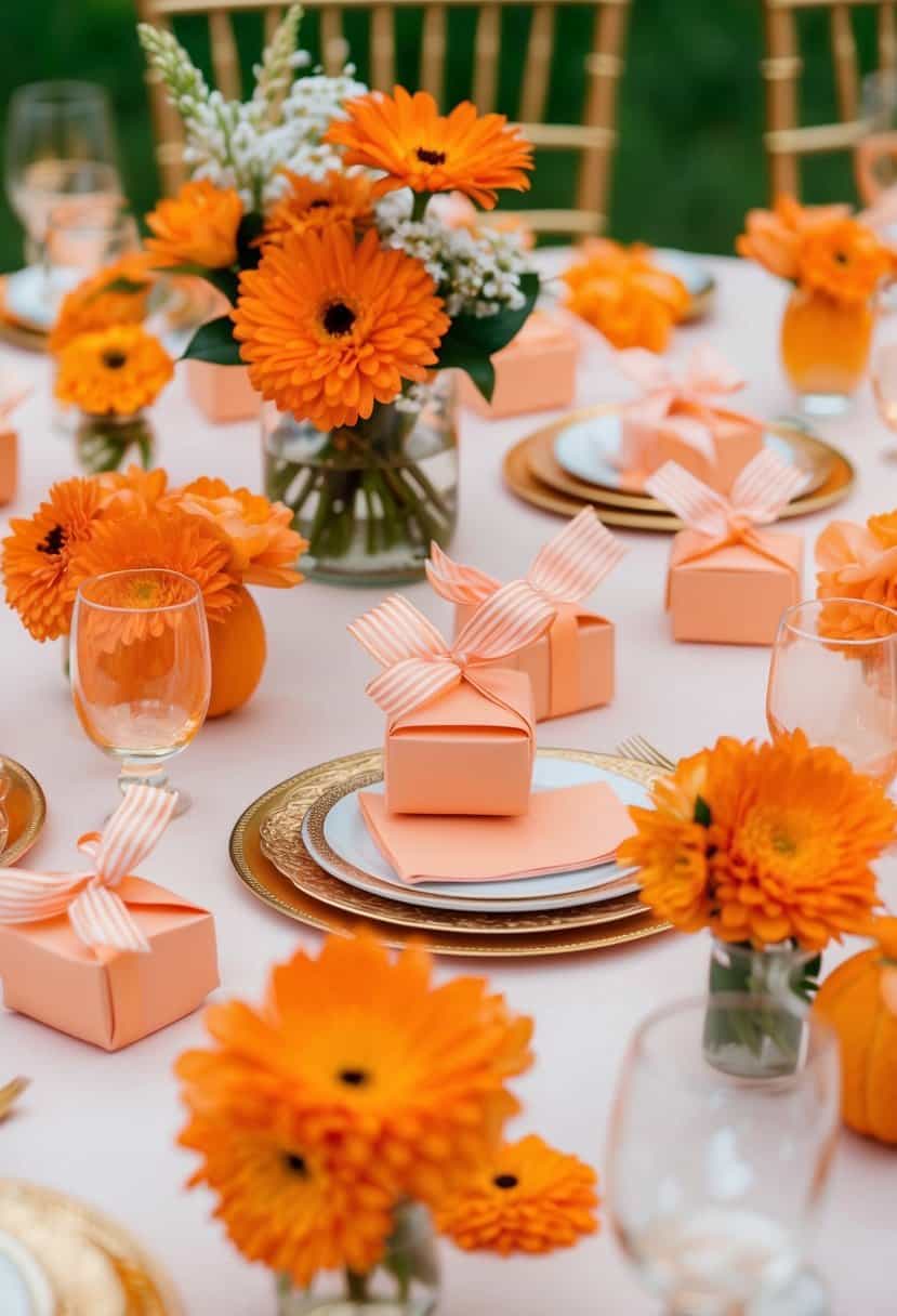 A table set with peach-colored favors, surrounded by orange flowers and decor