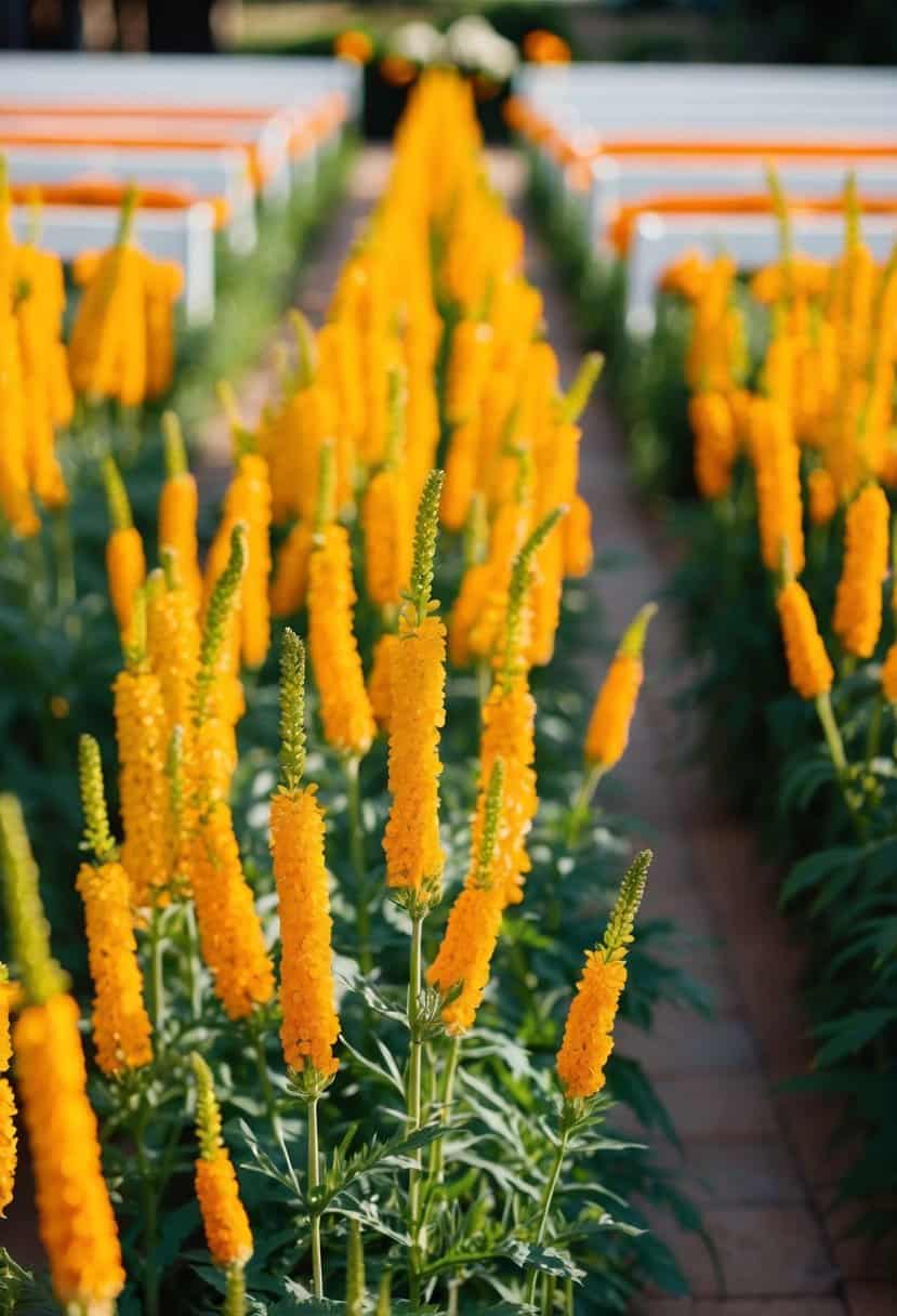 A sunlit aisle lined with goldenrod flowers and orange accents