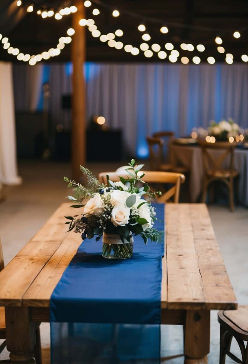 A midnight blue table runner drapes elegantly across a rustic wooden table, adding a touch of sophistication to a wedding reception decor