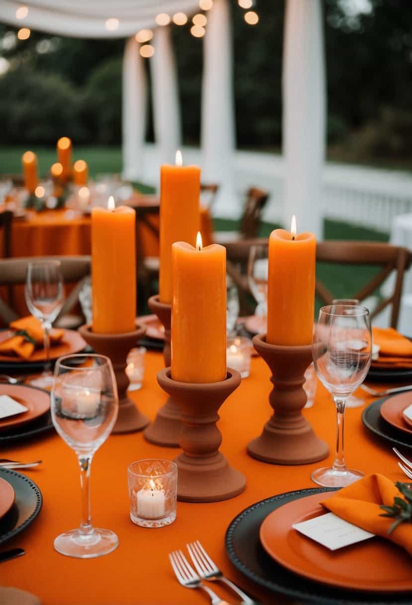 A table set with terracotta candle holders in an orange wedding color palette