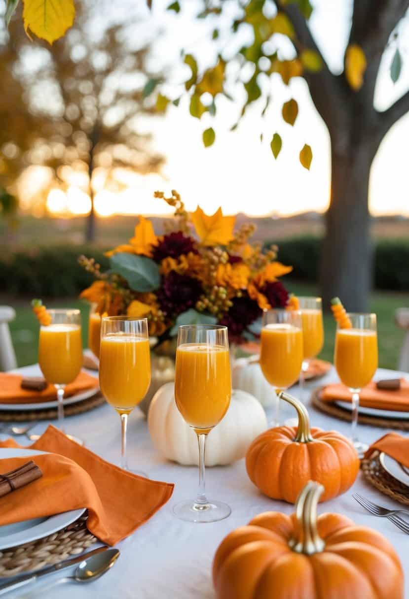 A table set with pumpkin spice mimosas, fall foliage, and bachelorette party decor