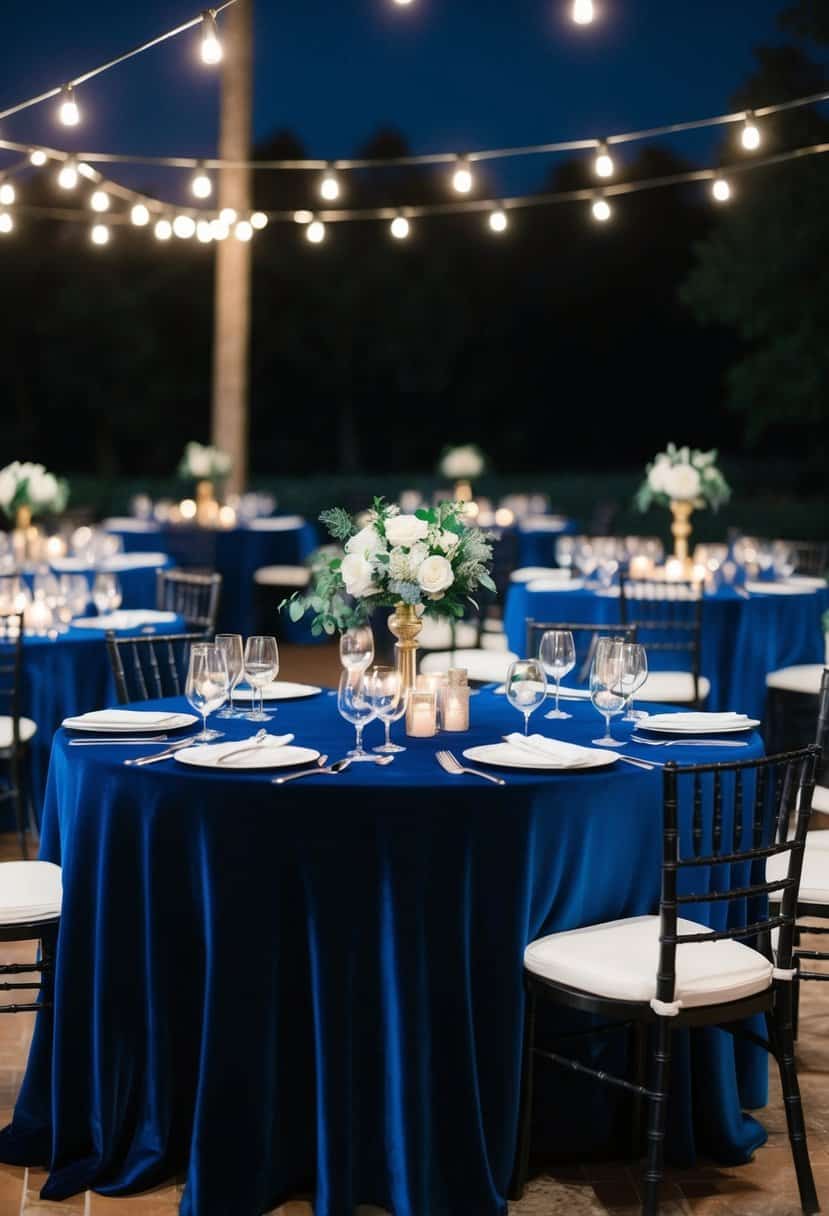 Indigo velvet tablecloths draped over tables at a nighttime wedding reception, creating a rich and elegant atmosphere with their deep blue color