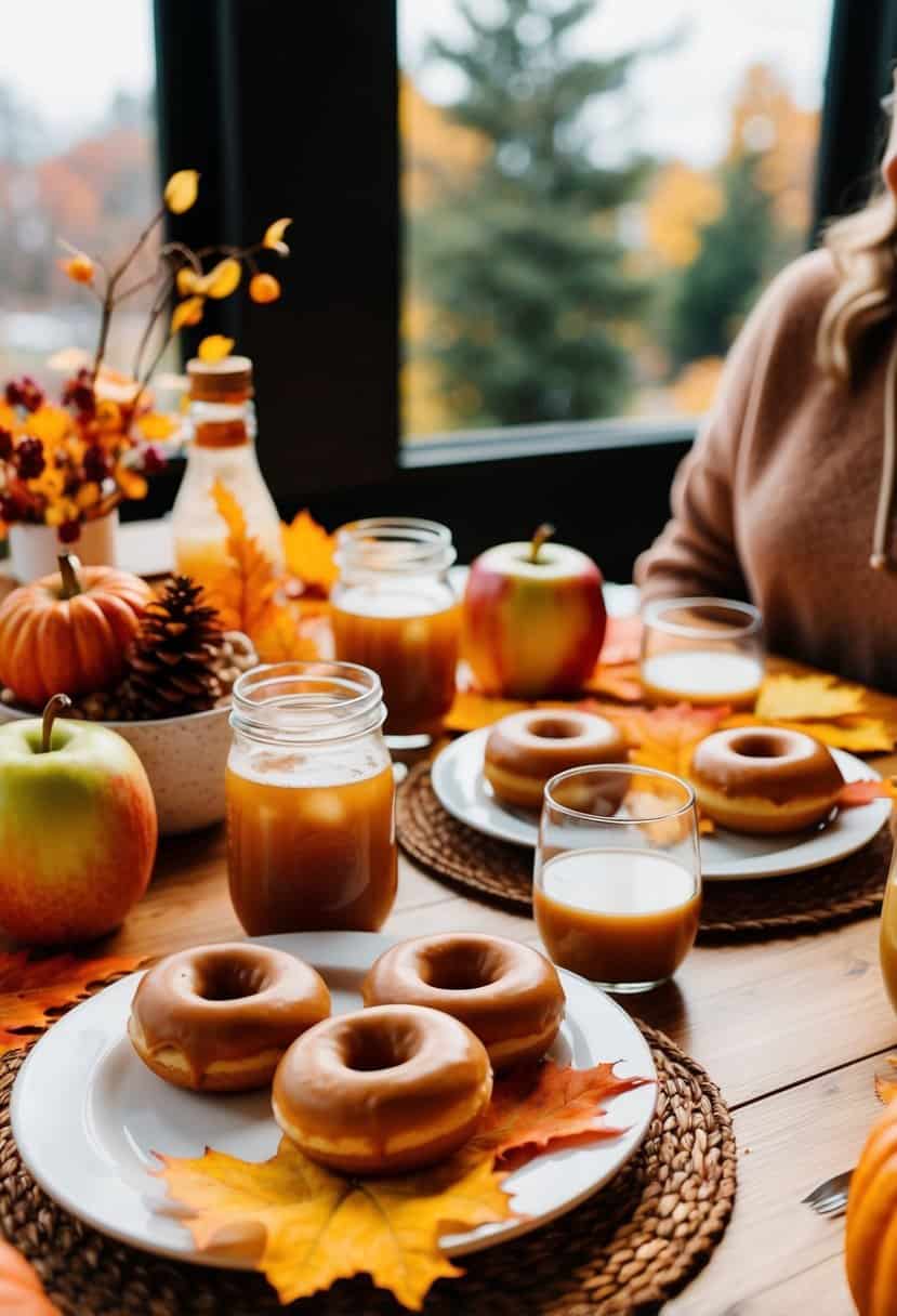 A table set with apple cider donuts, autumn leaves, and warm beverages for a fall-themed bachelorette party brunch