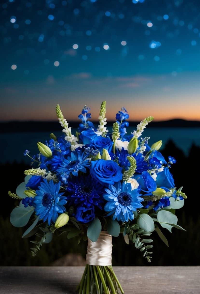 A stunning bouquet of sapphire blue flowers arranged in an elegant bridal bouquet, set against a backdrop of night sky and twinkling stars