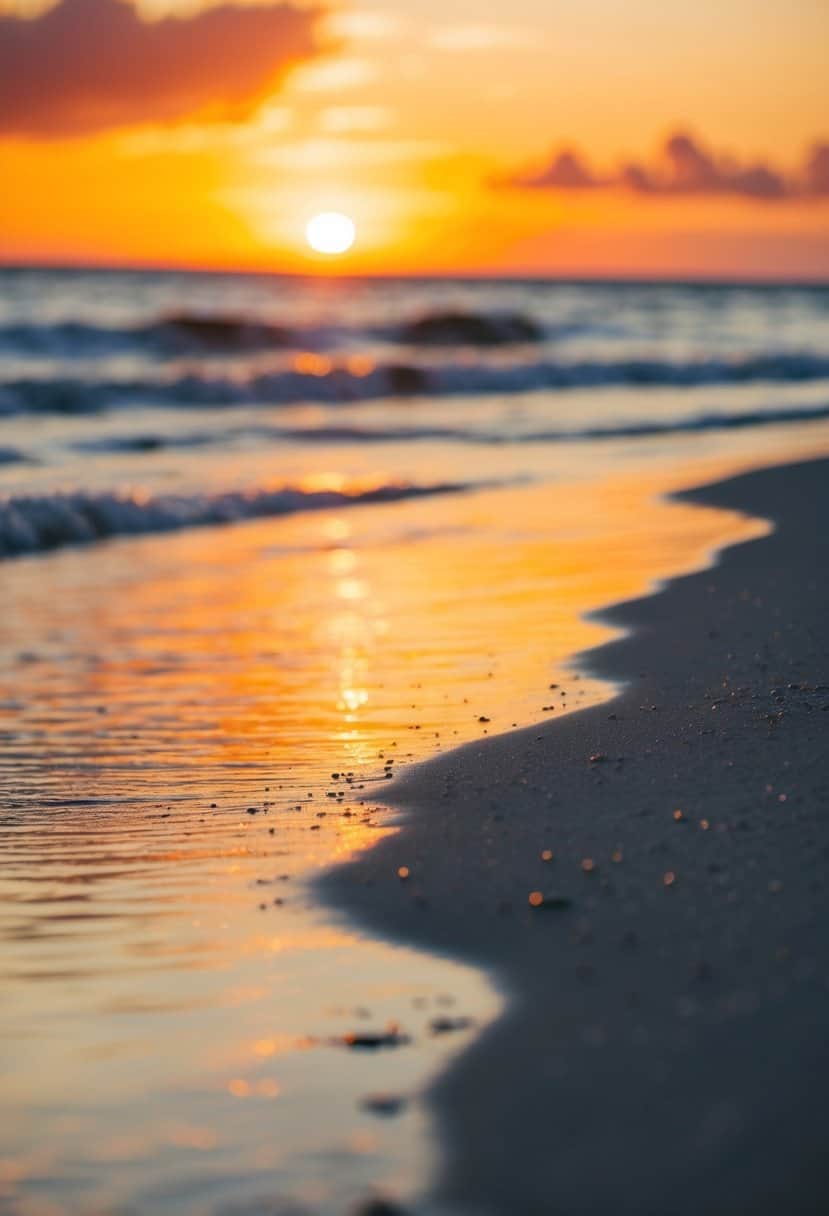 A tranquil beach at sunset with vibrant orange and golden hues reflecting on the water and casting a warm glow on the sand