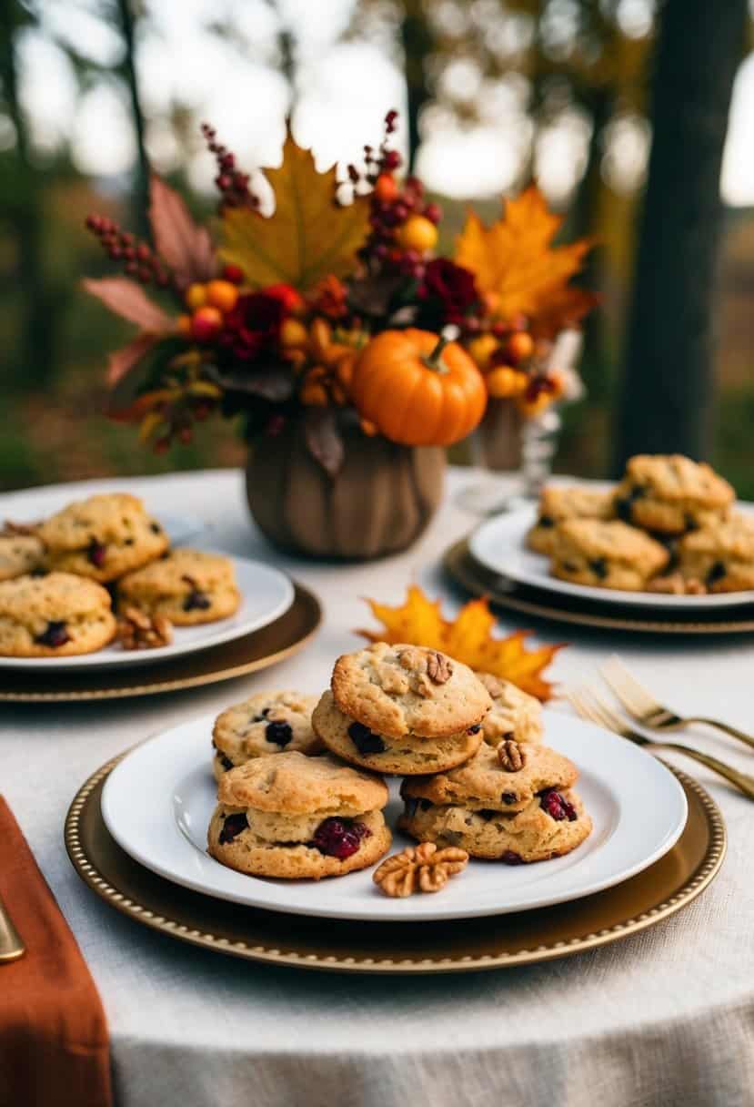 A table set with cranberry walnut scones, autumn leaves, and rustic decor for a fall-themed bachelorette party brunch