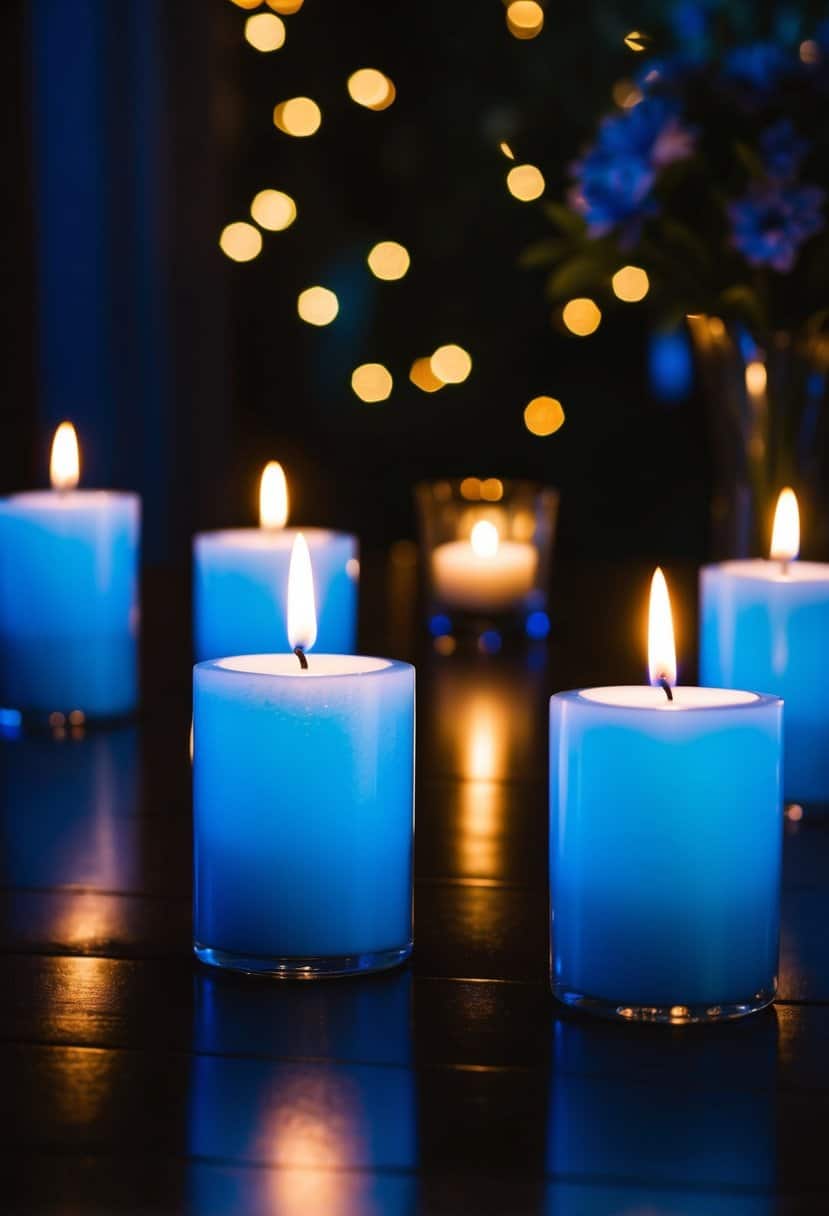 Twilight blue candles glow in a dimly lit room, casting a serene and romantic ambiance for a night blue wedding
