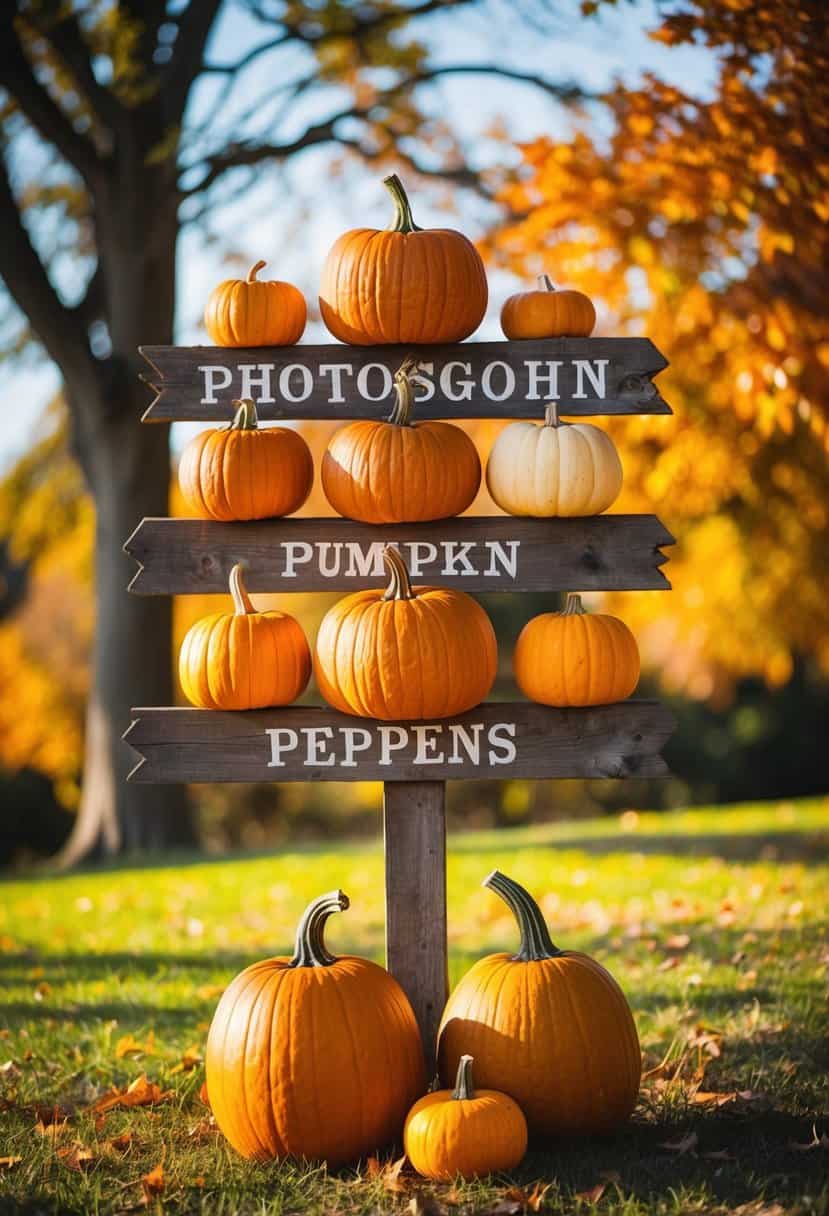 A rustic wooden sign adorned with pumpkins in various shades of orange, set against a backdrop of autumn foliage and warm sunlight