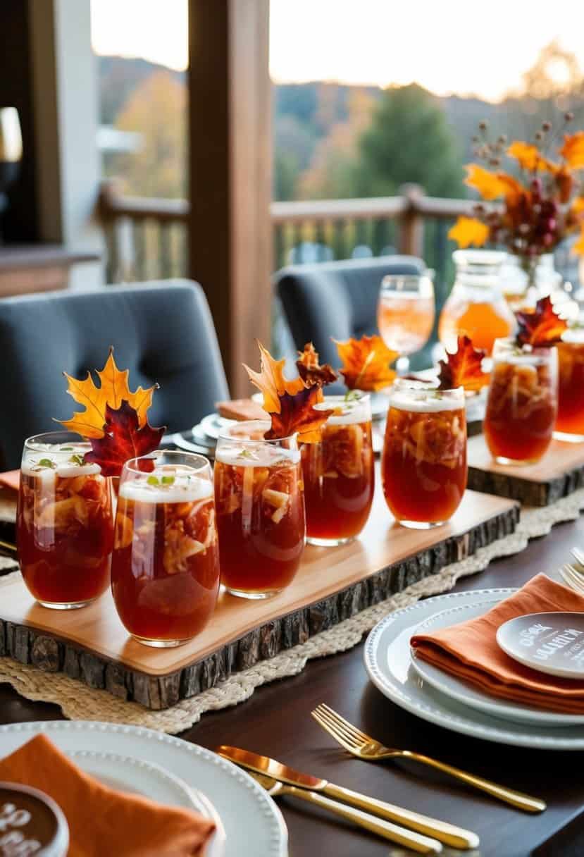 A table set with maple bacon Bloody Marys and fall-themed decor for a bachelorette party brunch