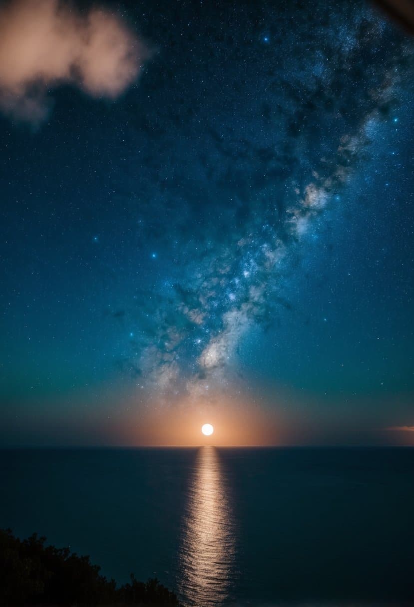 A night sky filled with stars and a deep blue ocean reflecting the moonlight