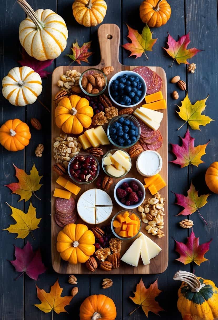 A rustic wooden board adorned with an array of fall fruits, cheeses, nuts, and meats, surrounded by colorful autumn leaves and pumpkins