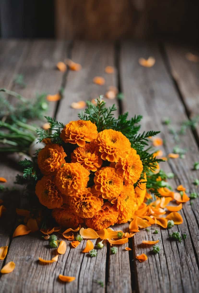 A vibrant marigold bridal bouquet sits on a rustic wooden table, surrounded by scattered orange petals and greenery