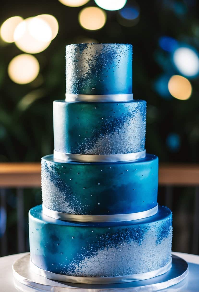 A multi-tiered wedding cake with swirling, cosmic patterns in shades of deep blue and shimmering silver, evoking the beauty of a starry night sky