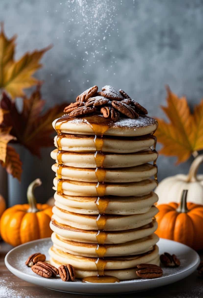 A tall stack of cinnamon roll pancakes topped with maple syrup, pecans, and a dusting of powdered sugar, surrounded by autumn leaves and pumpkins