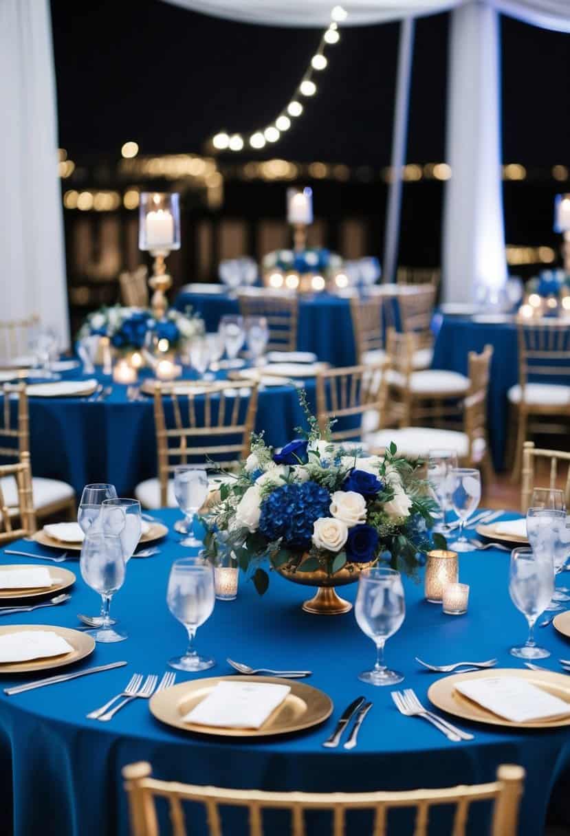A table adorned with deep blue and gold centerpieces, creating an elegant and sophisticated atmosphere for a night blue wedding