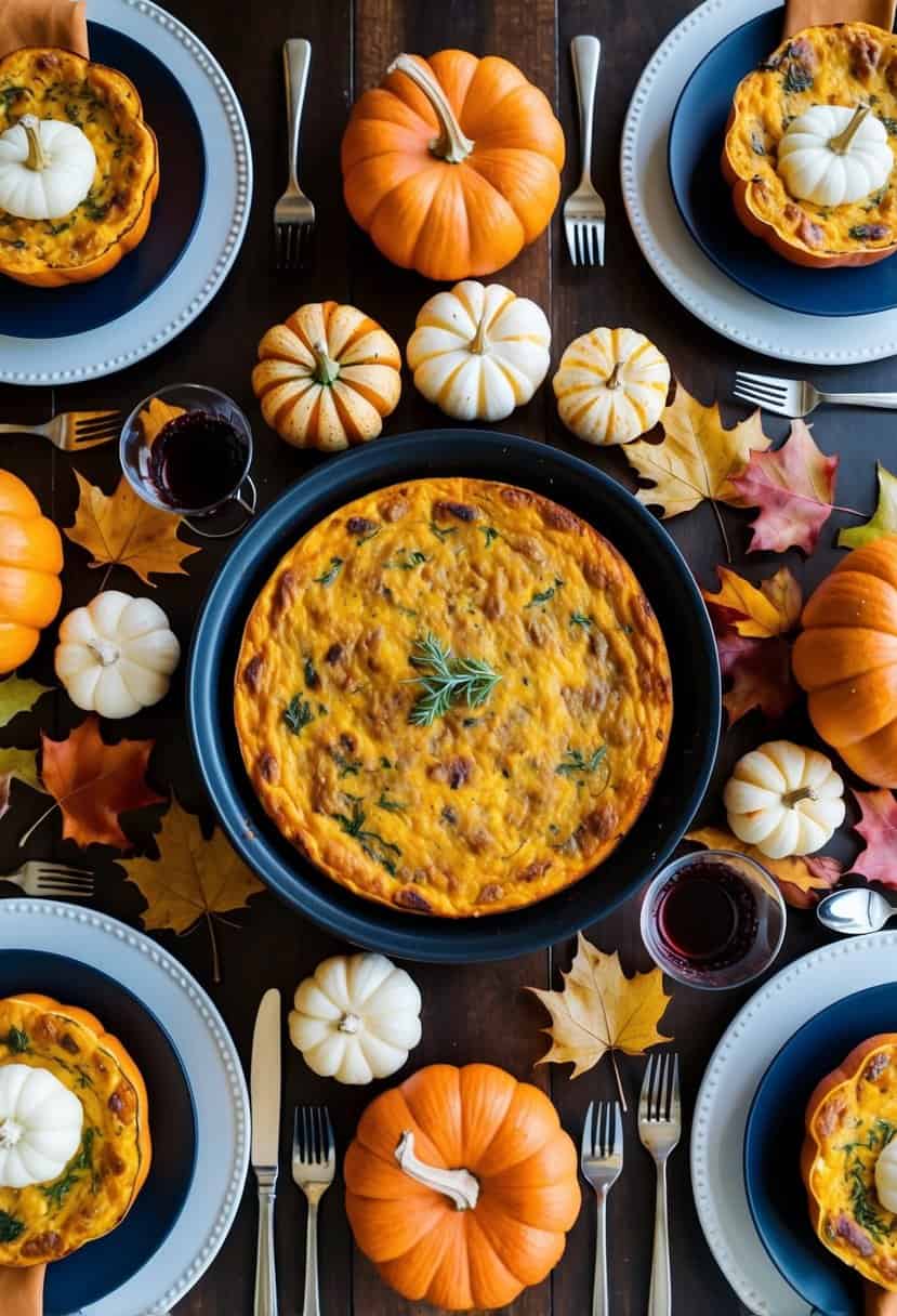 A table spread with a butternut squash frittata, surrounded by autumn leaves and pumpkins, set for a bachelorette brunch