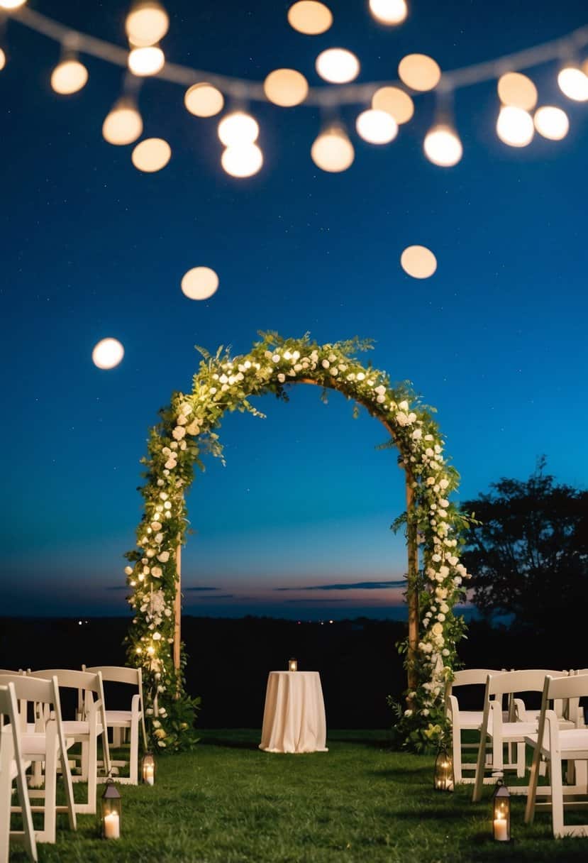 A night sky with a deep blue ceremony arch adorned with twinkling lights and surrounded by lush greenery