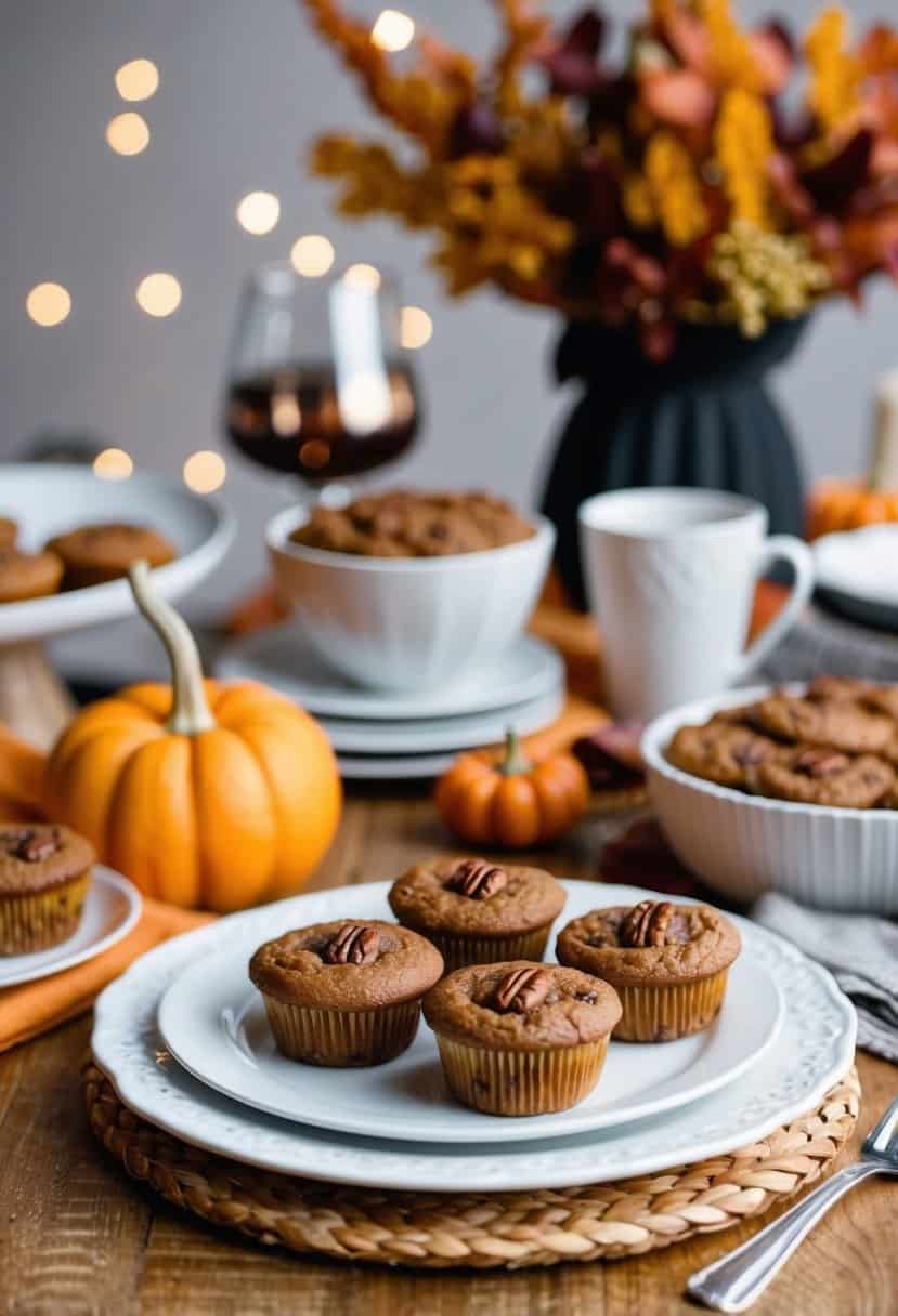 A table set with pecan pie muffins, fall decor, and bachelorette party brunch essentials