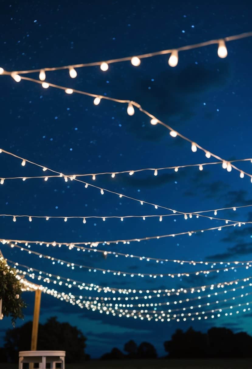A night sky filled with twinkling celestial string lights in shades of deep blue, creating a magical atmosphere for a wedding celebration