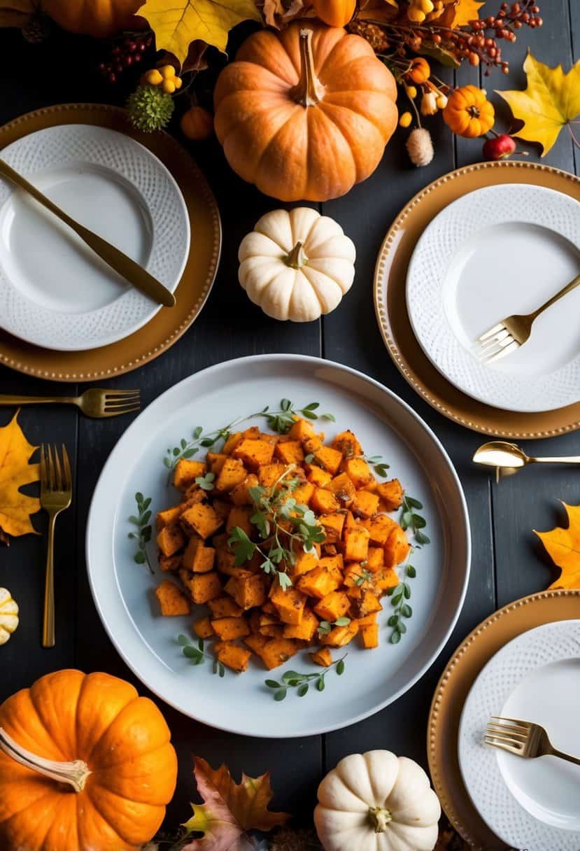 A table set with fall-themed decor, featuring a platter of sweet potato hash surrounded by autumn foliage and pumpkins