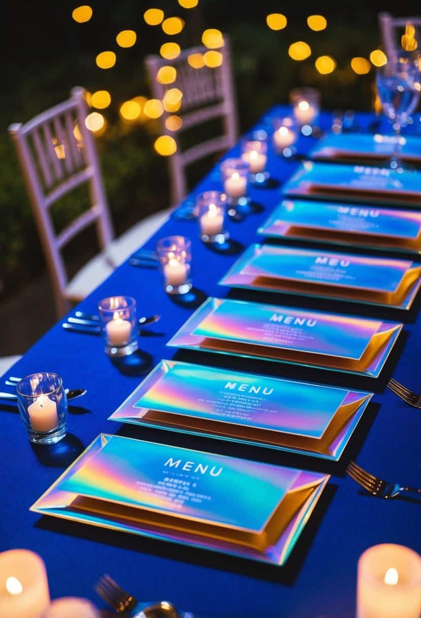 Iridescent blue menu cards arranged on a night blue table with elegant wedding decor