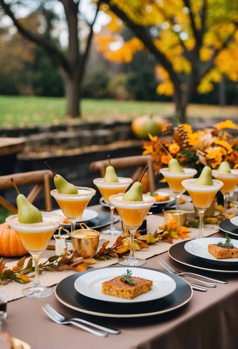 A table set with spiced pear Bellinis, autumn foliage, and brunch dishes for a bachelorette party