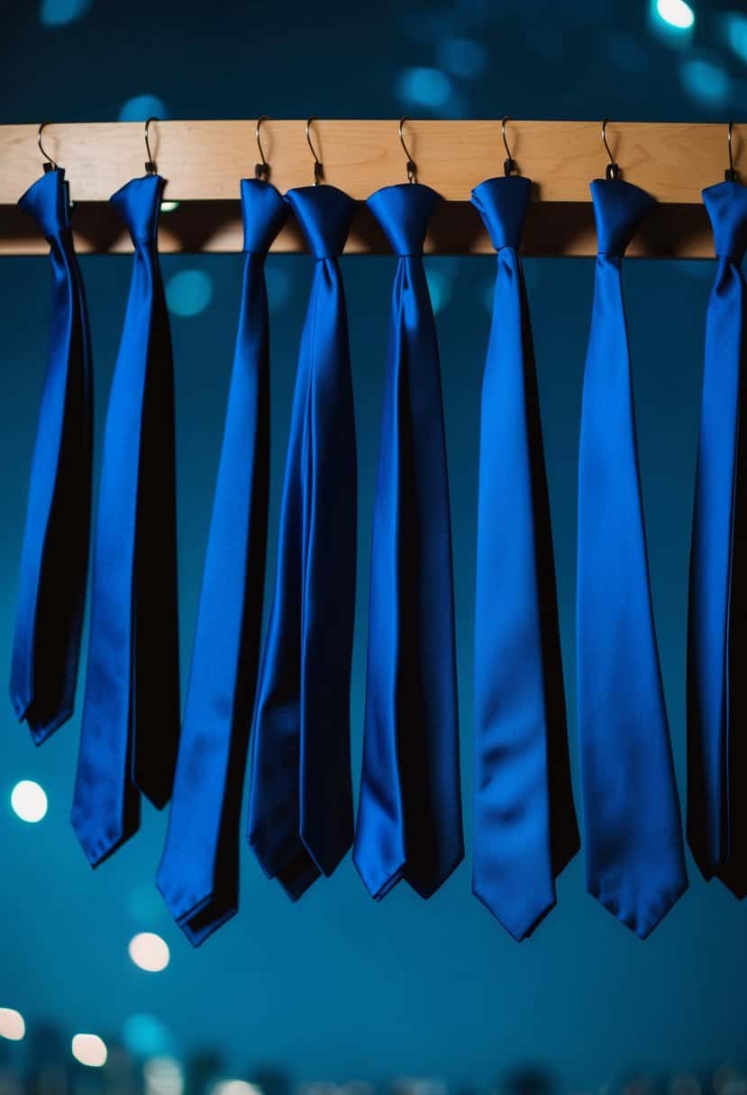 A group of cobalt blue groomsmen ties hanging against a night blue background, creating a striking color scheme for a wedding