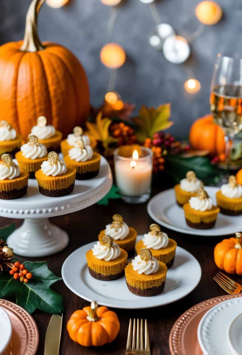 A table adorned with pumpkin cheesecake bites, fall foliage, and festive decorations for a bachelorette brunch celebration