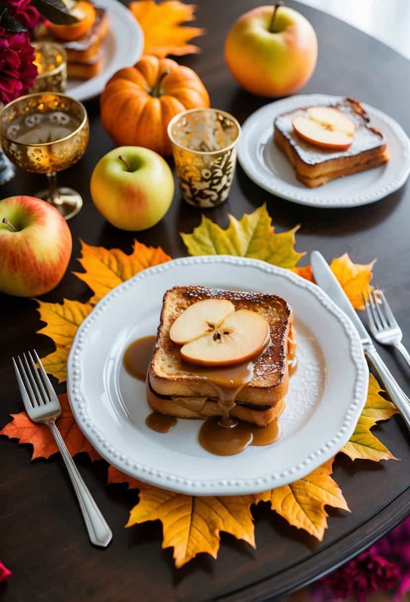 A table set with caramel apple French toast, autumn leaves, and festive decorations for a bachelorette party brunch