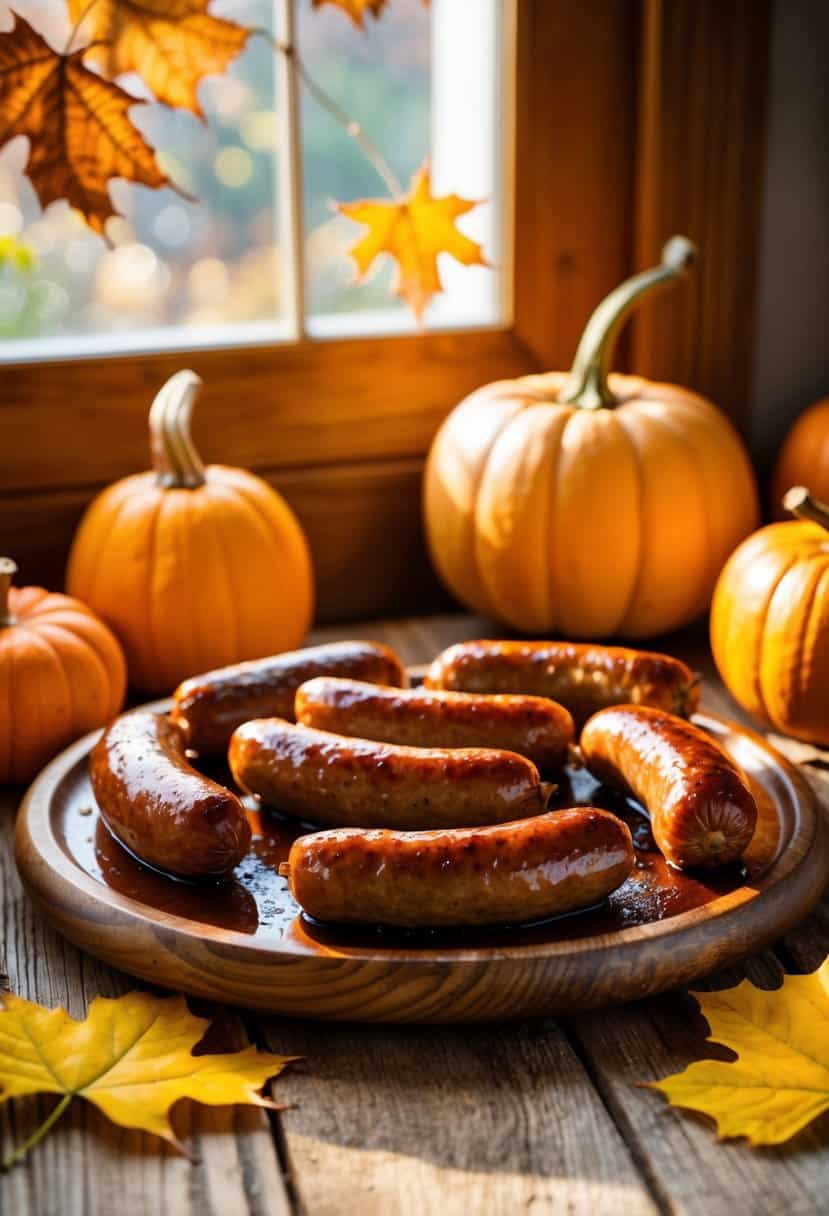 Maple glazed sausages sizzling on a rustic wooden platter, surrounded by autumn leaves, pumpkins, and warm sunlight streaming through the window