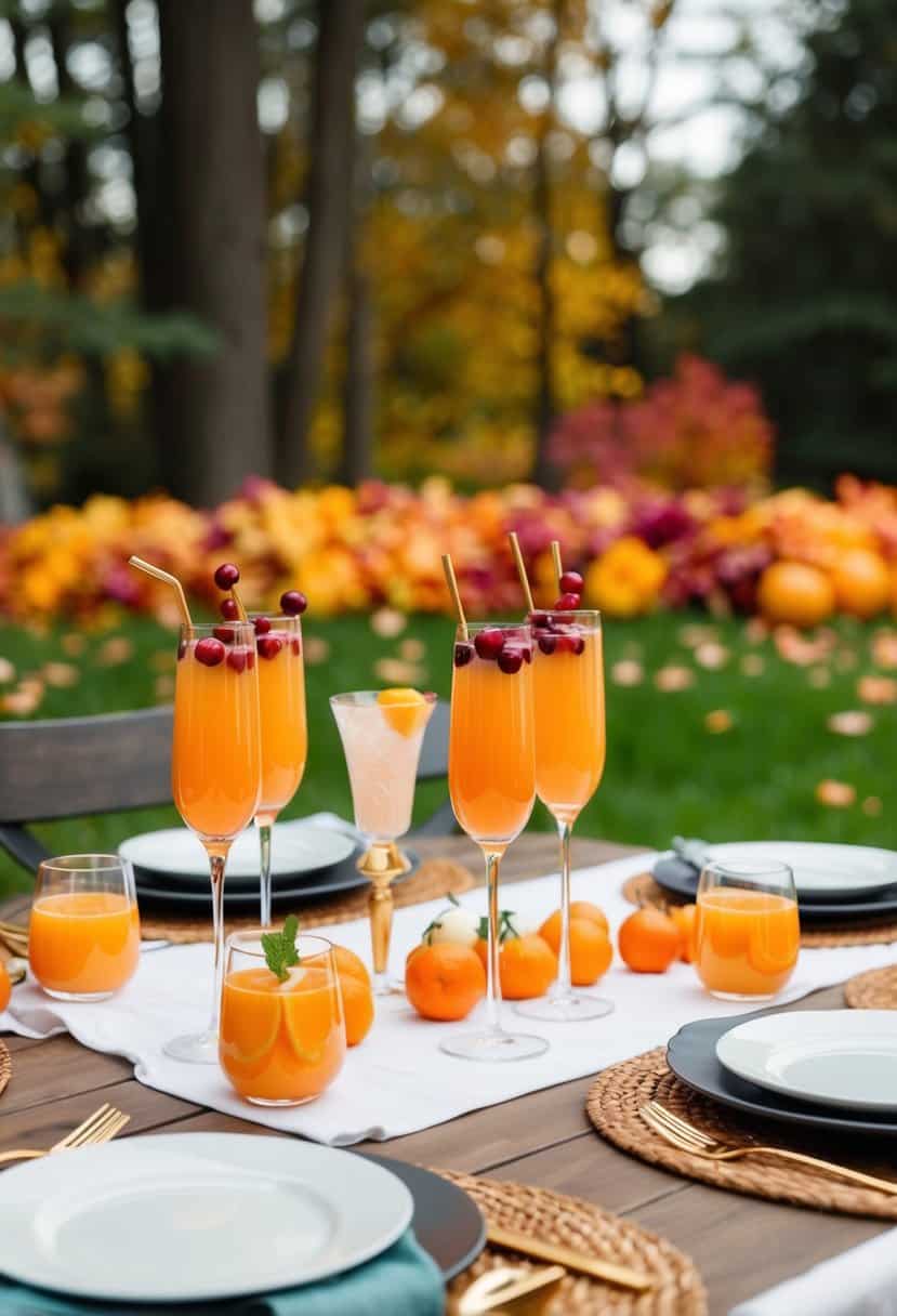 A table set with cranberry orange mimosas, fall foliage, and brunch spread for a bachelorette party