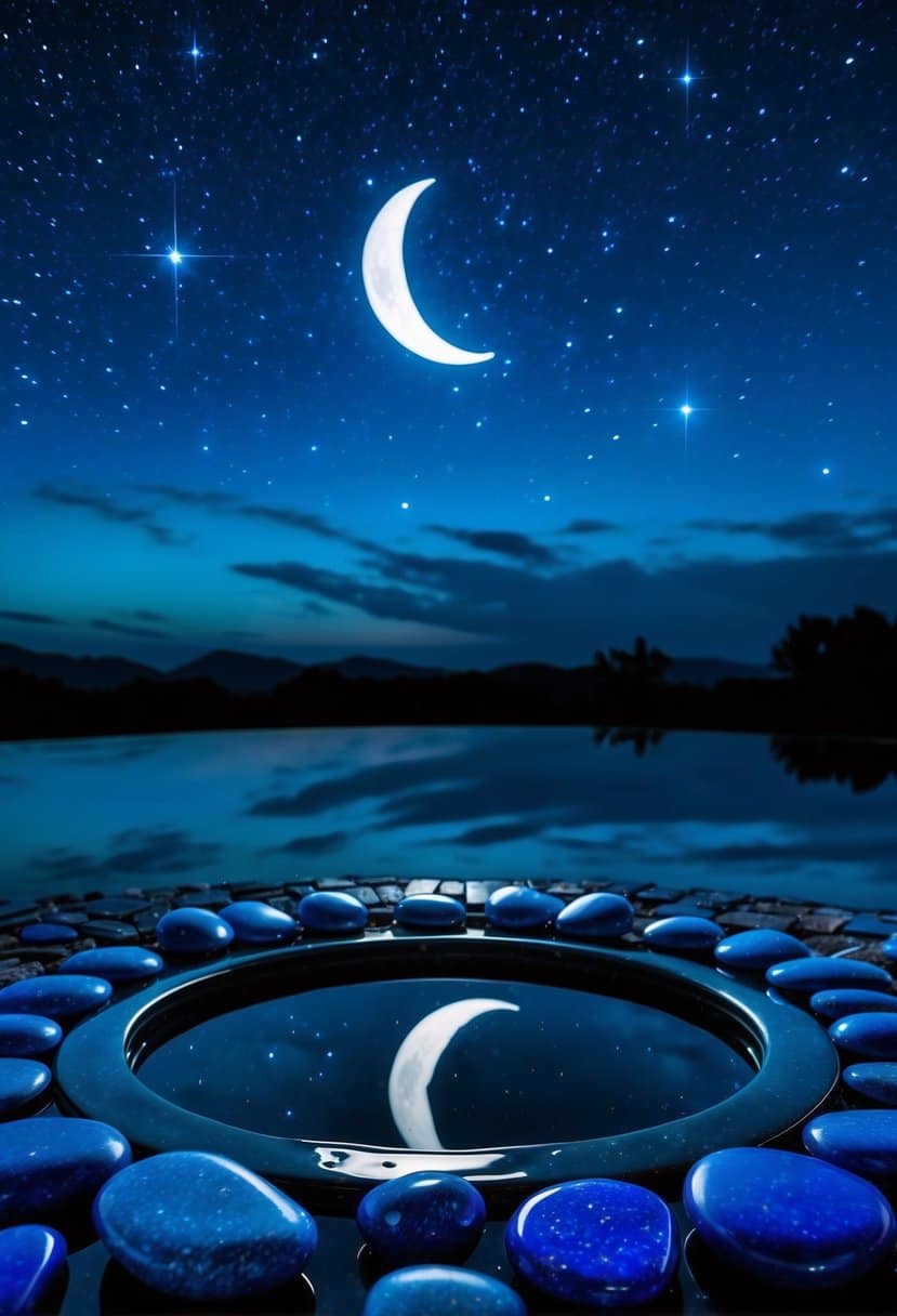 A dark blue night sky with twinkling stars and a crescent moon reflected in a pool of water, surrounded by lapis lazuli stones