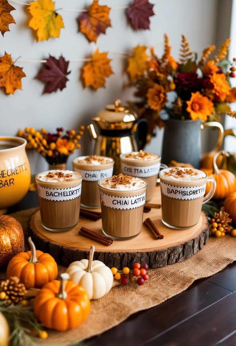 A cozy fall-themed bachelorette party brunch with a Chai Tea Latte Bar, decorated with warm autumn colors and seasonal foliage